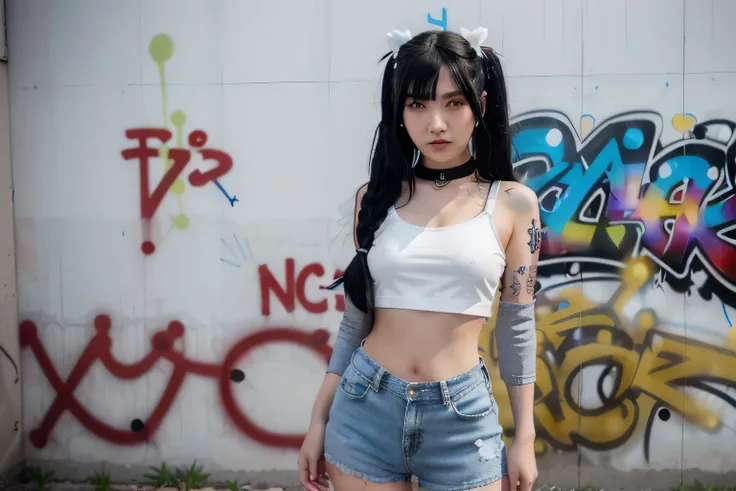 arafed woman with black hair and piercings standing in front of graffiti, anime girl in real life, anime style mixed with fujifilm, anime girl cosplay, of taiwanese girl with tattoos, anime thai girl, anime inspired, with black pigtails, anime style, anime...