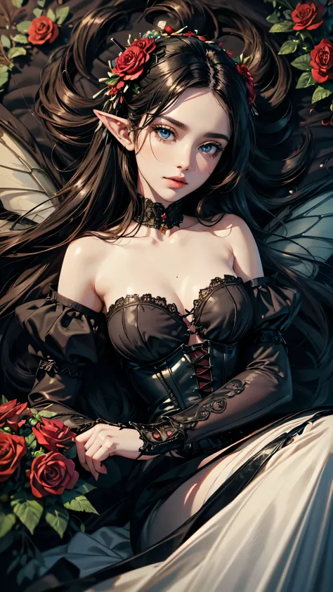 high details, best quality, 16k, RAW, [best detailed], masterpiece, best quality, (extremely detailed), full body, ultra wide shot, photorealistic, dark fantasy art, goth art, RPG art, D&D art, a picture of a dark female fairy resting in a flower meadow, e...