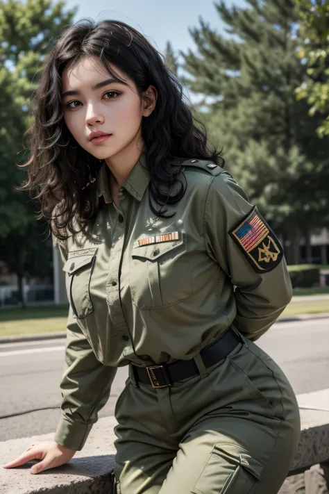 A young woman with white skin, black curly hair, Roman nose and wearing army pants 