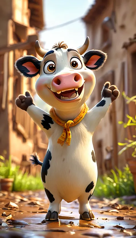 cute cow, cartoon , arms, hands ,cute eyes, cow ears,looking at viewer, arms up, dirty background, dirty