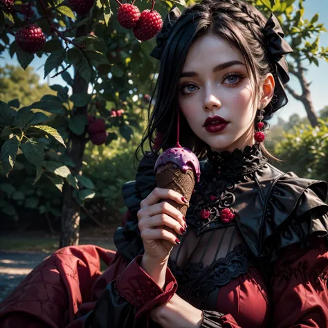 A gothic girl eating a (gothic ice cream in dark red and black, decorated with blueberries and raspberries), under a tree, contrasting sunny day,  outdoors.