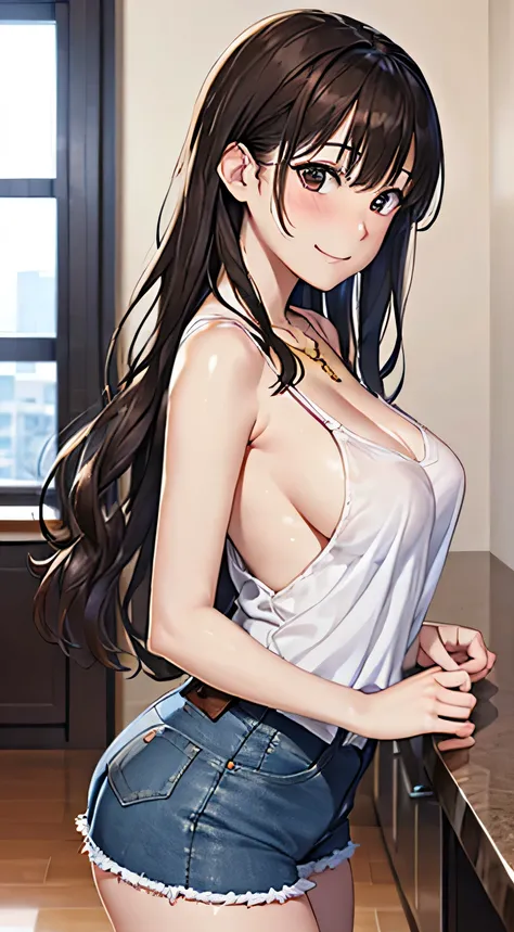 ((Tabletop, Highest quality, High resolution, , Pixel Perfect, 4K,))), 1 female, 、The whole body is visible、 ((Long Wavy Hair, bangs, Brown Hair)), ((Brown eyes, Beautiful eyelashes, Realistic eyes)), ((Detailed face, Blushing:1.2)), ((Smooth texture:0.75,...