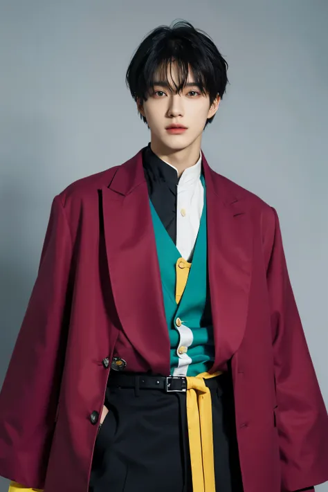 Full colorful background and backdrop,protrait focus,for ads,professional pose for magazine photo,Handsome korean male,Center-parted hairstyle,a cassock,worship,short male hair,bangs hair,centre the down hair, Delicate androgynous prince, Beautiful androgy...