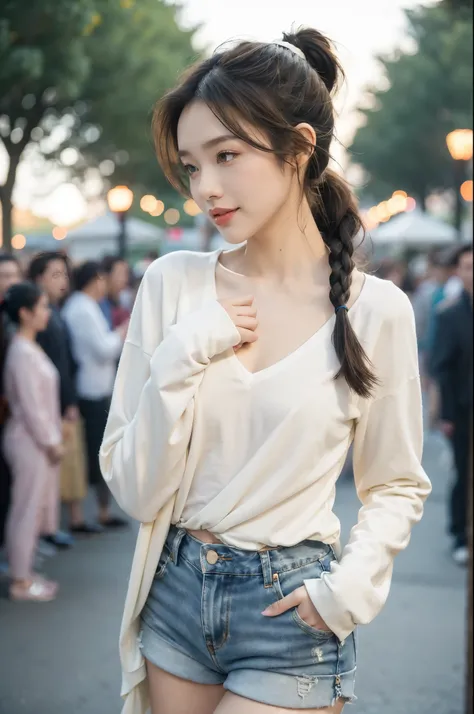 (((best quality))),(((ultra detailed))),(((masterpiece))),illustration,((1 beautiful girl,solo)),((slim,thin)),((small breasts,flat chest)), outside school gate, summer twilight, sunlight,(short ponytail:1.3),(claviclies,cleavage),((white long-sleeved shir...