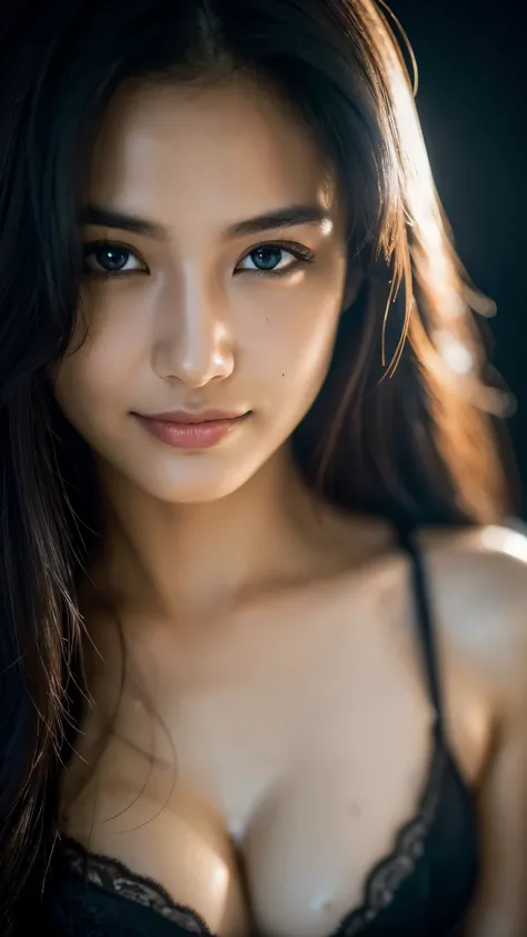 highest quality, epic realistic, ((in the pitch black darkness :1.4)), ((portrait:1.5)),(background: dark ) high contrast ,glorious picture, lowest lux, lighting face, shes comfortable, wearing white lingerie, looks incredible, (8k, Raw photo, Highest qual...