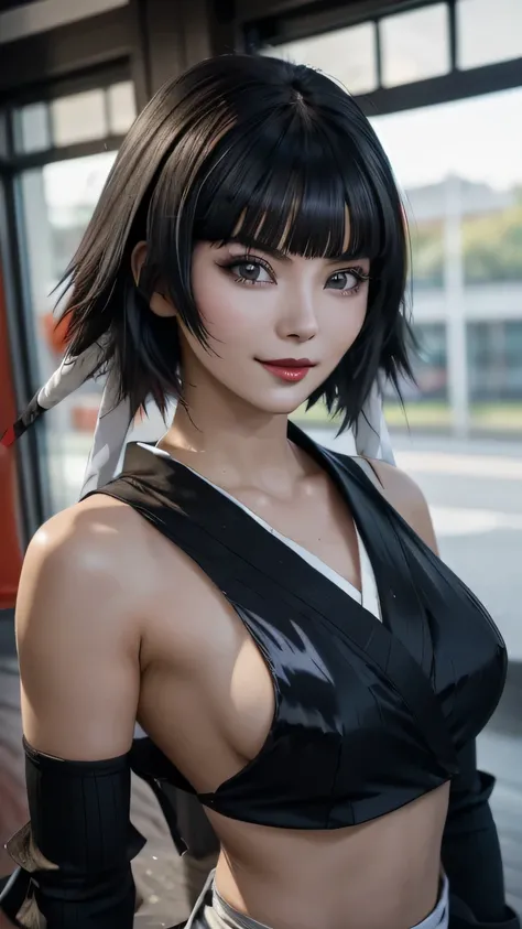 sfw, a close up of a person with short hair and a black kimono, soifon, soifon from anime bleach, as an anime character, perfect anime face, she has black hair with bangs, female anime character, anime character, anime best girl, hime cut hairstyle, black ...