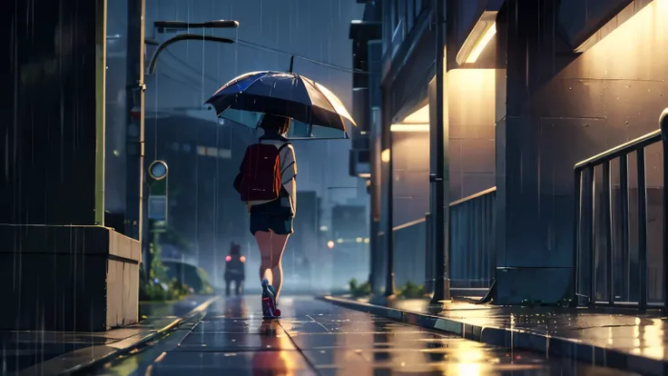 A college student walks home on a rainy night, listening to lo-fi music on your headphones