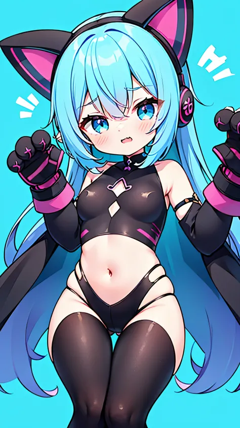 (Best Quality,4K,High resolution), 18yo woman, femele，Feminization of black cats，Cats ears，Cat Ear Headphones，black longhair，Blue mesh hair，Big eyes，sharp eye，Cold eyes，glares，Big claws，Nail Gloves，Cool Woman，Black and blue，Sleeveless，Tight leather suit，hi...