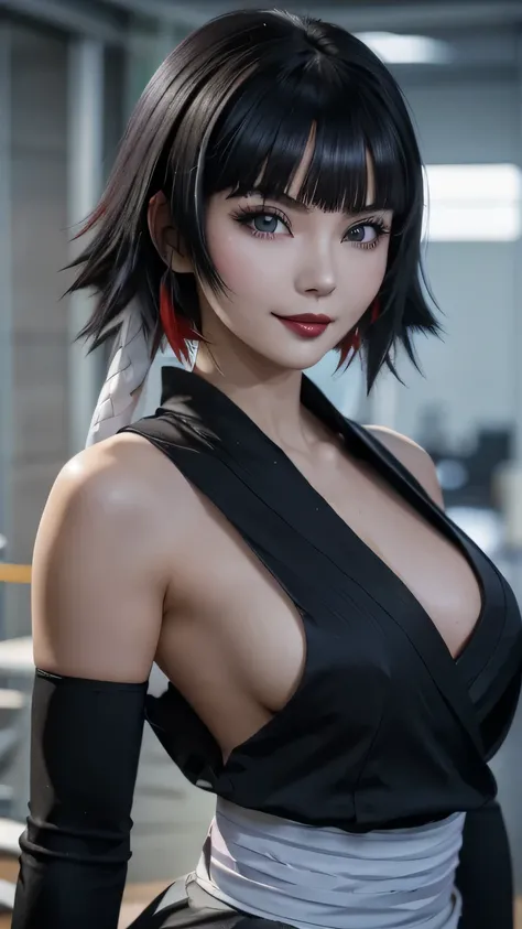 sfw, a close up of a person with short hair and a black kimono, soifon, soifon from anime bleach, as an anime character, perfect anime face, she has black hair with bangs, female anime character, anime character, anime best girl, hime cut hairstyle, black ...