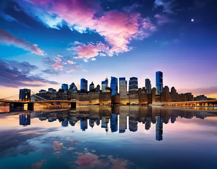 [Dreamy Horizon emoji] Craft an image that captures the essence of a fleeting dream, pushing the limits of machine creativity. Imagine a surreal cityscape with buildings made of luminescent clouds, floating over a serene, reflective surface. This dreamscap...