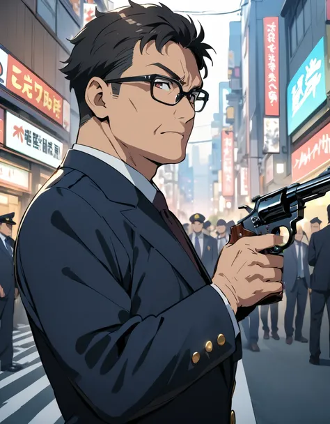 (masterpiece), (best quality), ((high res)), 1man, middle aged man, age 52, anime style, japanese policeman, suit and tie, police captain, police commissioner, black hair, short hair, fade haircut, hazel eyes, glasses, black-framed eyewear, (lora:perfect h...