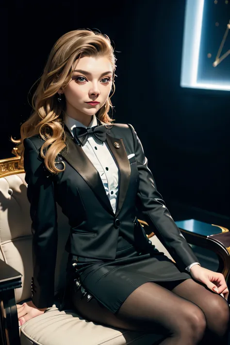 nataliedormer, beautiful detailed face, a woman sitting at a talk show, black satin skirt suit, tuxedo, (((three-piece suit))), ...