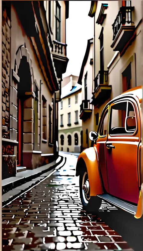 detailed vintage italian village street, classic vintage volkswagen beetle parked, narrow cobblestone road, old colorful houses, laundry hanging between buildings, highly detailed architecture, intricate cobblestone paving, warm inviting lighting, cinemati...