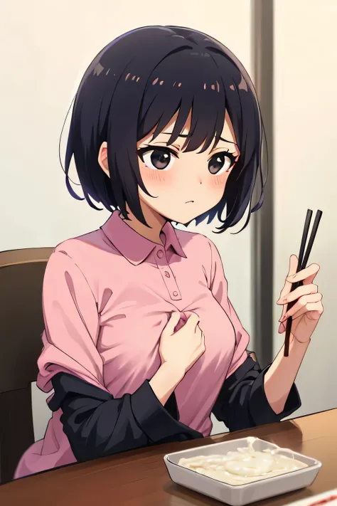 Highest quality, High resolution, 1.female, black eyes bento cute pink polo shirt small breasts short hair, Black Hair, table chair, Sitting,  Focus on face Perfect chopsticks in right hand Large amount of semen on chest Male genitalia Upper body only