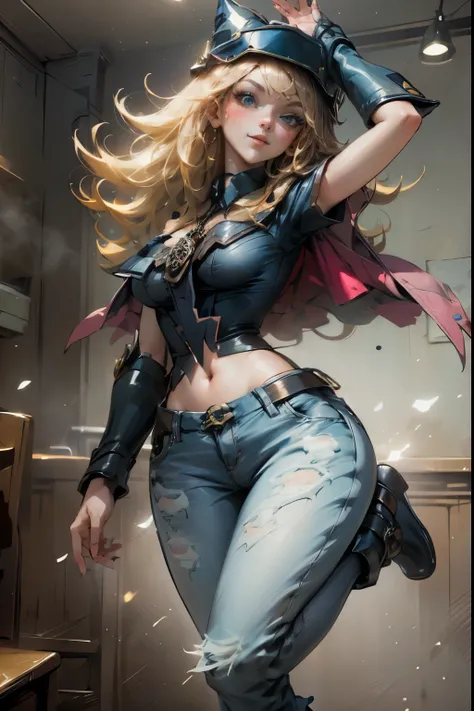 Beautiful dark magician gils waving, smiles and is flirtatious. She is wearing dark, tight jeans and heels . Dark jeans and gold heels. pose sexy