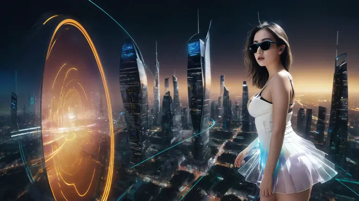 aerial view. Estilo: arte conceitual. A cena: Futuristic cityscapes with all-glass towering skyscrapers and (sleek aerodynamic vehicles) speeding through the air, 1drone. High-resolution OLED GUI interfaces in the building, The windows are filled with tran...