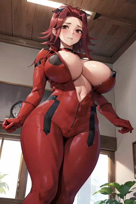 masterpiece, best quality, highres, anime, aki1, izayoi aki, solo, deep cleavage, choker, huge breasts, zipping down, fully zipped down, red open bodysuit, gloves, navel, wide hips, thigh gap, thicc, standing, indoors, livingroom, heat, blush, opening suit...