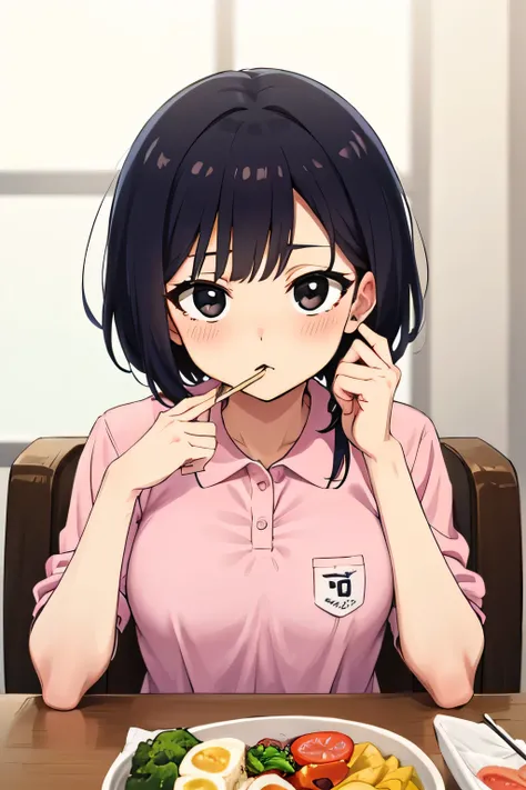 Highest quality, High resolution, 1.female, black eyes bento cute pink polo shirt small breasts short hair, Black Hair, table chair, Sitting,  Focus on face, two perfect chopsticks in right hand, loads of semen in mouth, male genitalia on left, upper body ...