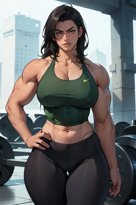 pale skin ((1girl bodybuilder muscular toned body wide hips thick thighs curvy huge tits)) black hair yellow eyes tank top leggings