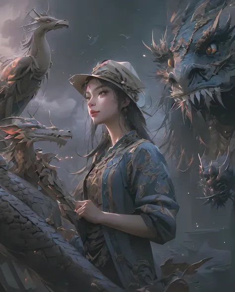 A beautiful girl standing outdoors, holding a weapon, a bird perched on her hand, with a boy standing behind her, both wearing hats, with an eastern dragon and monster in the cloudy, foggy sky, (best quality,4k,8k,highres,masterpiece:1.2),ultra-detailed,(r...