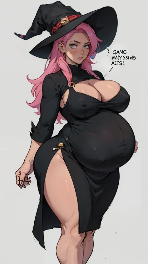 older woman in her 30s, with pink hair and a tall, curvy body, breasts big, in this, (work of art, best qualityer:1.2) wearing the legendary great black dress of the mystical sorceress, Big witch hat, pregnant, standing alone, alone, pink massive hair
