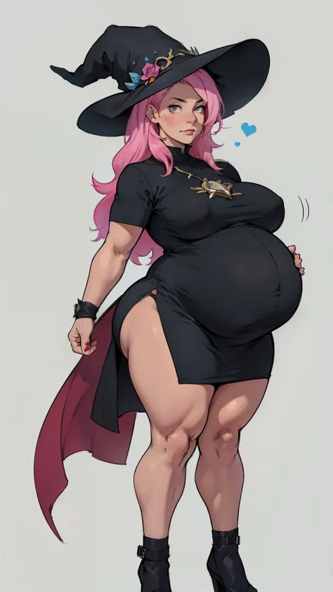 older woman in her 30s, with pink hair and a tall, curvy body, breasts big, in this, (work of art, best qualityer:1.2) wearing the legendary great black dress of the mystical sorceress, Big witch hat, pregnant, standing alone, alone, pink massive hair
