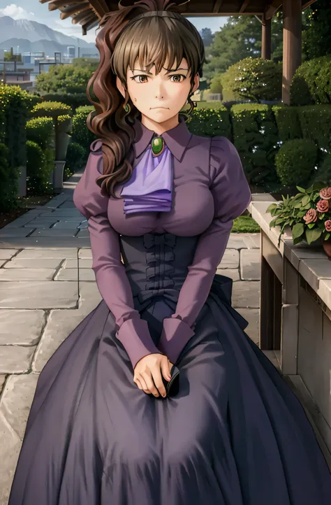 ushiromiya natsuhi, 1girl, violet dress, long dress, side ponytail, earrings, purple shirt, ascot, brooch, corset, seen from afa...