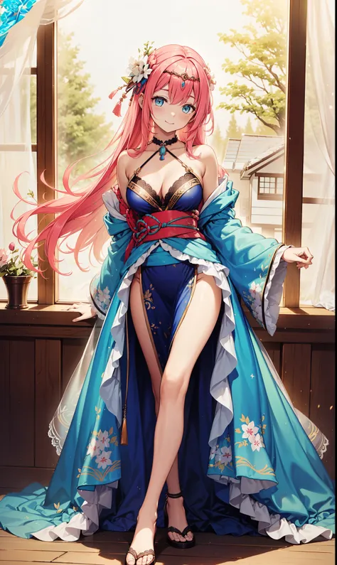 Older women，obsessed，Divine happiness，in love，(Swimwear and Kimono:1.2)，Pink Hair，blue eyes，(Fabric headdress minimalism，Multi-layer delicate ruffles，Lots of lace，Multi-color cloth，Exquisite embroidery，Beautiful Pattern，Fabric headdress，Exquisite clothing，...