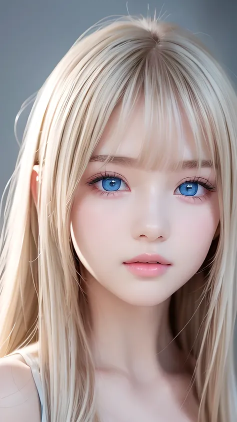 Highest quality、masterpiece、Ultra-high resolution、(Photorealistic:1.4)、1 Girl、14 years old、The ultimate beautiful girl、Very beautiful shiny light pale blonde hair、Super long straight silky hair、bangs over eyes、片bangs over eyes、Blonde hair between the eyes、...