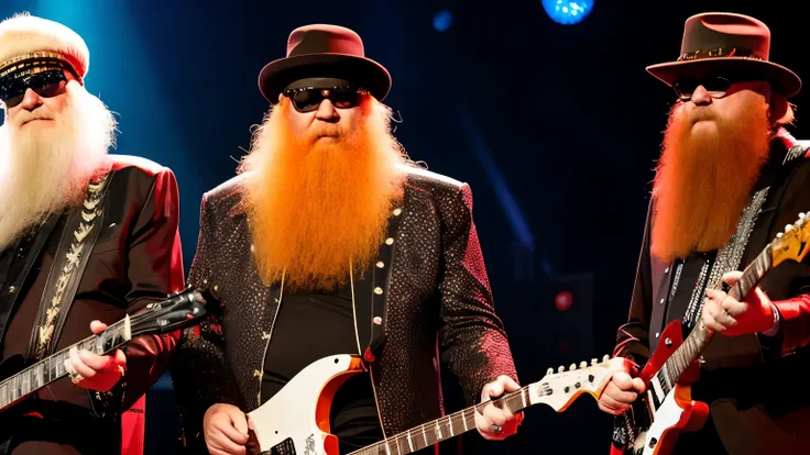 Billy Gibbons e Dusty Hill do ZZ Top, ON STAGE PLAYING ELETRIC GUITAR, STAND FULL BODY, RED JACKET, 
