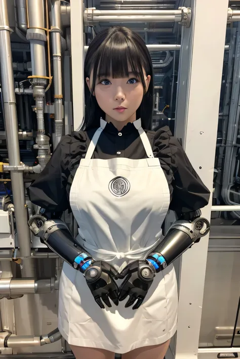 masterpiece, best quality, extremely detailed, Japaese android girl,Plump , hug,control panels,android,Droid,Mechanical Hand, Robot arms and legs, Black hair,Blunt bangs,perfect robot girl,long tube,thick cable connected her neck,apron,android,robot,humano...