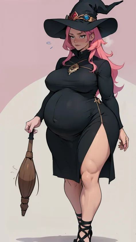 older woman in her 30s, with pink hair and a tall, curvy body, breasts big, in this, (work of art, best qualityer:1.2) wearing the legendary great black dress of the mystical sorceress, Big witch hat, pregnant, standing alone, alone, pink massive hair
