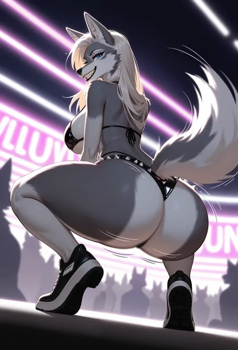 score_9,score_8_up,score_7_up, source_furry, a tall female wolf anthro, furry, gray snout, black nose, blue eyes, athletic body, short spiked undercut platinum blonde hair, black lips, wolf tail, wolf ears, standing, smile, portrait, sharp canine teeth, lo...