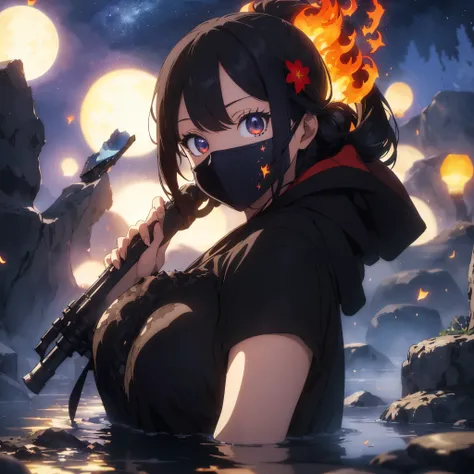 ((best quality)), ((masterpiece)), (detailed),score_9, score_8_up, score_8_up, 1girl, depth of field, raw, intimate shot, (goth girl, face mask, ski mask, close jacket, off the shoulder, cute, ((glowing particles, flames)), large perfect breasts, (holding ...