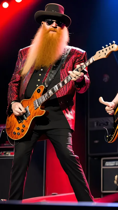 Billy Gibbons e Dusty Hill do ZZ Top, ON STAGE PLAYING ELETRIC GUITAR, STAND FULL BODY, RED JACKET,BLUE PENTS
