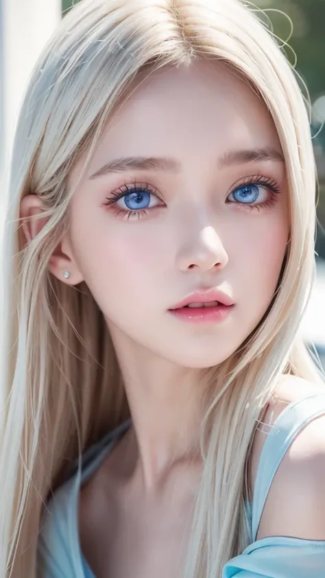 Highest quality、masterpiece、Ultra-high resolution、(Photorealistic:1.4)、1 Girl、14 years old、The ultimate beautiful girl、Very beautiful shiny light pale blonde hair、Super long straight silky hair、bangs over eyes、片bangs over eyes、Blonde hair between the eyes、...