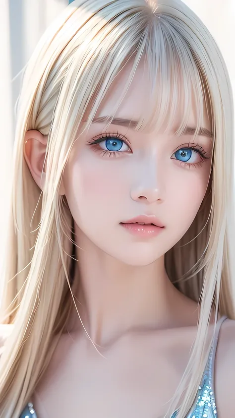 Highest quality、masterpiece、Ultra-high resolution、(Photorealistic:1.4)、1 Girl、14 years old、The ultimate beautiful girl、Very beautiful shiny light pale blonde hair、Super long straight silky hair、bangs over eyes、片bangs over eyes、Blonde hair between the eyes、...
