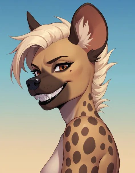 Solo, score_9,score_8_up,score_7_up, flat colors, source_furry, a young female spotted hyena, brown snout, black nose, brown eyes, short spiked undercut platinum blonde hair, black lips, brown hyena tail, brown hyena ears, naked, small breasts, feminine ho...