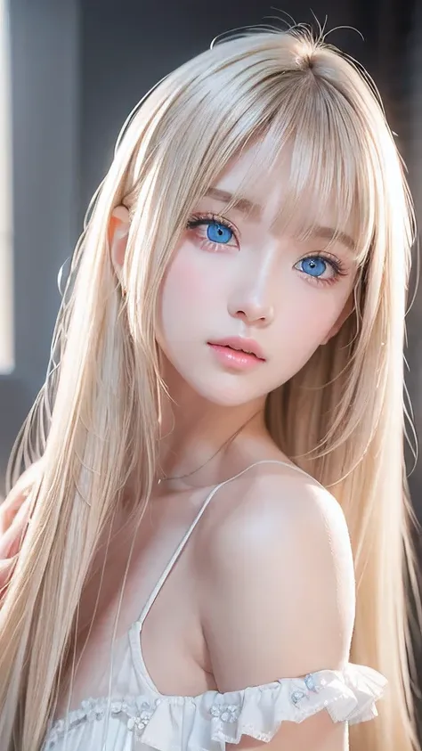 Highest quality、masterpiece、Ultra-high resolution、(Photorealistic:1.4)、1 Girl、14 years old、The ultimate beautiful girl、Very beautiful shiny light pale blonde hair、Super long straight silky hair、bangs over eyes、片bangs over eyes、Blonde hair between the eyes、...