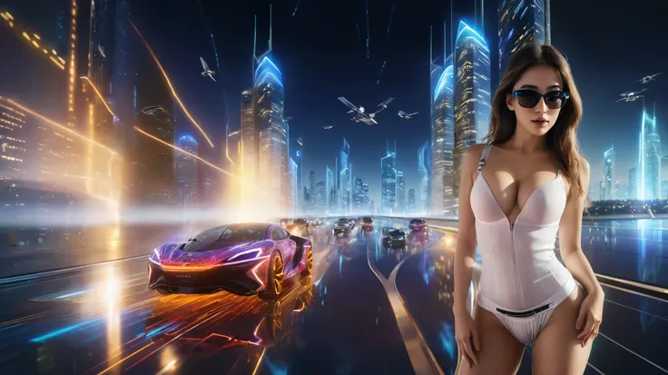 aerial view. Estilo: arte conceitual. A cena: Futuristic cityscapes with all-glass towering skyscrapers and (sleek aerodynamic vehicles) speeding through the air, 1drone. High-resolution OLED GUI interfaces in the building, The windows are filled with tran...