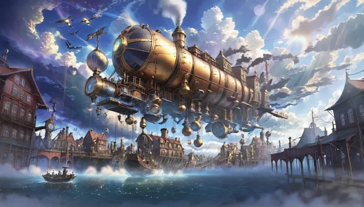 A floating steampunk city, Detailed architecture, mysterious technology, Cinema Lighting, Dramatic clouds, 8K, Very detailed, Complex, beautiful, Miyazaki style, Realistic, masterpiece, Professional, Vibrant colors, Dramatic lighting, Dynamic configuration