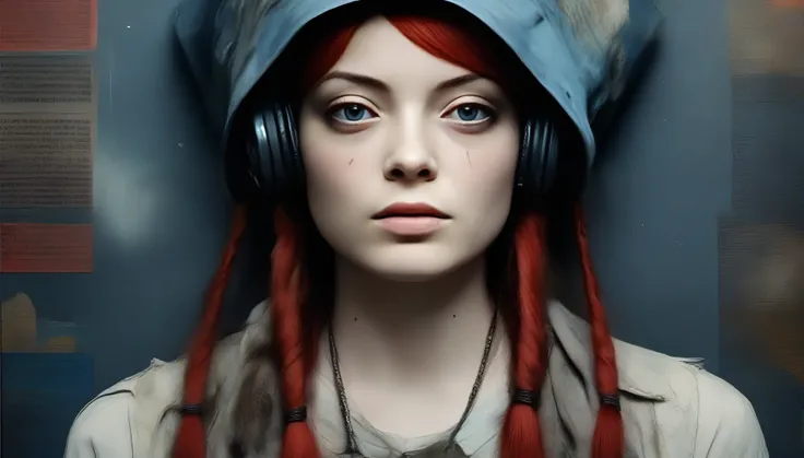 Dark gritty dirty rough tattered portrait of Emma stone a punk goth with a quirky personality, dreadocks, motifs of reflection and perfection, horror, dystopian, ruin, post apocalyptic, devastation, intricate stunning, dramatic colors, detailed background,...