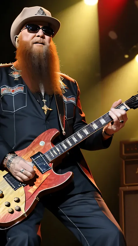 Billy Gibbons e Dusty Hill do ZZ Top, ON STAGE PLAYING ELETRIC GUITAR, STAND FULL BODY,GOLDO METALIC JACKET,WHYTE  PENTS