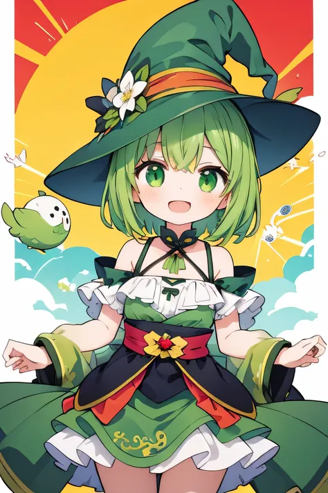 girl with short green hair, green witch clothing, pointed hat, happy, summer festival in the background