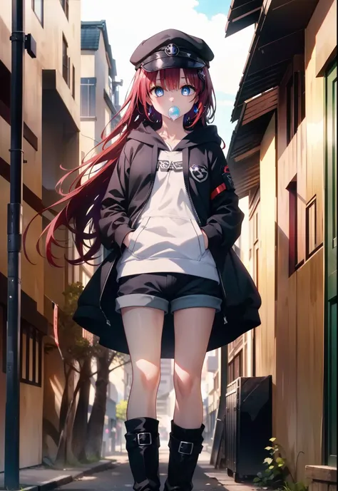 (masterpiece, Highest quality:1.2),shape,8K,High resolution,mea kurosaki,Mea Kurosaki,Redhead,Long Hair,Purple eyes,1 Girl,Hunting Cap,Oversized black hoodie,Black shorts,short boots,Blowing bubble gum,Standing with one&#39;s back against a graffitied wall...