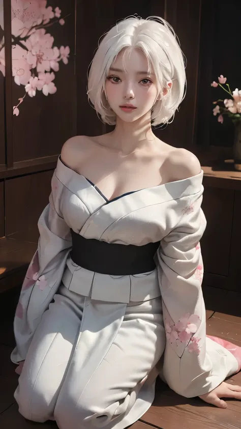 ((hairstyled white hair:1.5))(japan kimono with cherry blossom pattern:1.3), symmetric, (highest quality, photorealistic:1.4, ra...