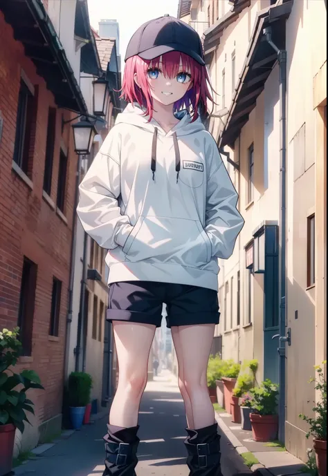 (masterpiece, Highest quality:1.2),shape,8K,High resolution,mea kurosaki,Mea Kurosaki,Redhead,Long Hair,Purple eyes,1 Girl,Baseball hats,Oversized black hoodie,Black shorts,short boots,Grin,smile,Both hands are in the pockets of the hoodie,Standing with on...