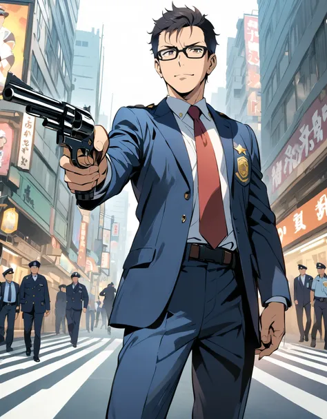 (masterpiece), (best quality), (high res), 1man, middle aged man, age 52, anime style, japanese policeman, suit and tie, police uniform, police captain, police commissioner, (black hair, short hair, fade haircut), hazel eyes, glasses, black-framed eyewear,...