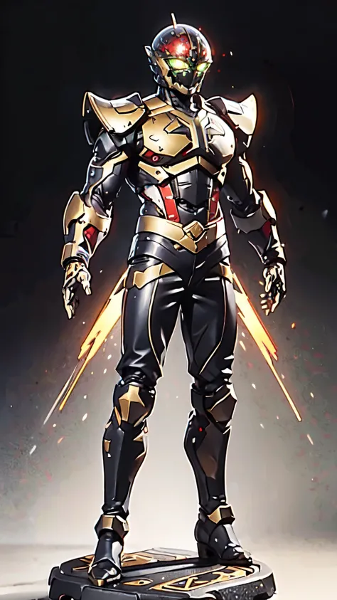 A man wearing a full-face helmet, a fantasy-style biotech armored combat suit, green eyes, (a composite layered chest armor), fully enclosed shoulder guards, matching arm and leg guards, the belt is adorned with dragon claw grasping orbs, (the color scheme...