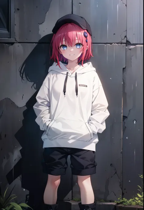 (masterpiece, Highest quality:1.2),shape,8K,High resolution,mea kurosaki,Mea Kurosaki,Redhead,Long Hair,Purple eyes,1 Girl,Baseball hats,Oversized black hoodie,Black shorts,short boots,Grin,smile,Both hands are in the pockets of the hoodie,graffiti,Hiding ...